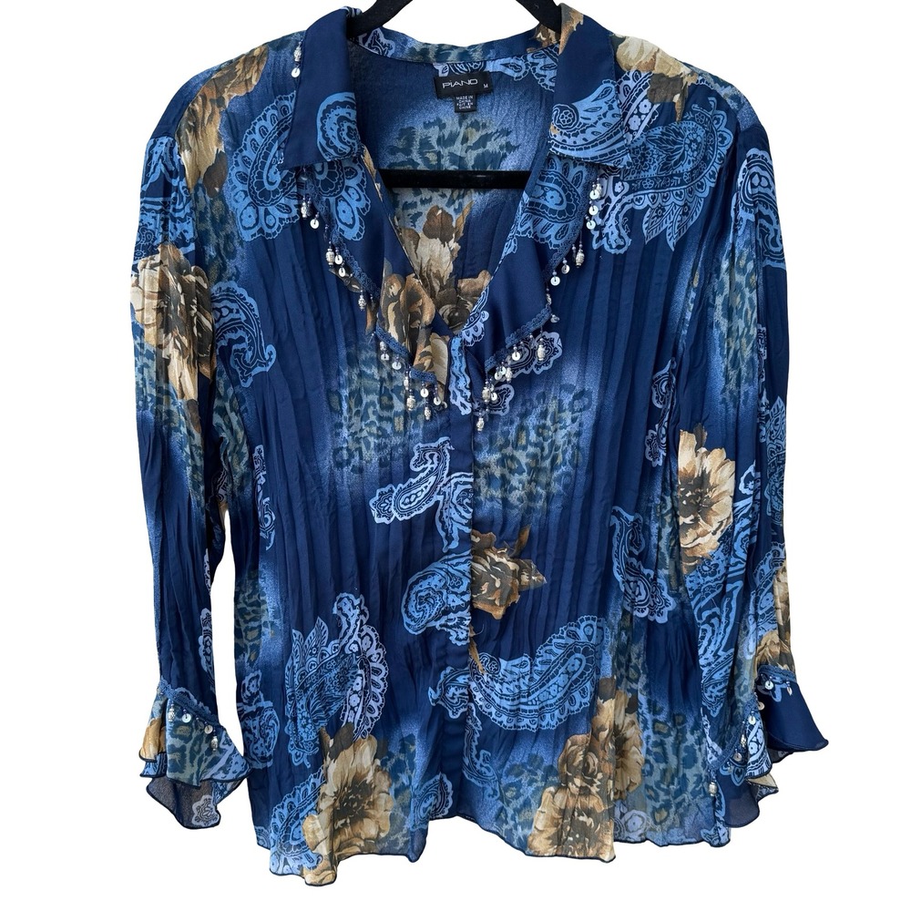 Piano Y2K Boho Gypsy Whimsigoth‎ Paisley Floral Leopard Beaded Ruffle Blouse M